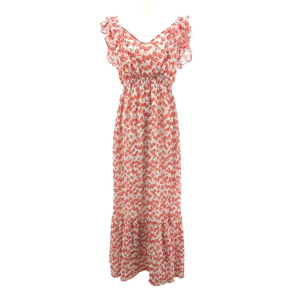 Cherry Print Maxi Dress Chiffon Smocked Waist Ruffle Sleeve Romantic 10